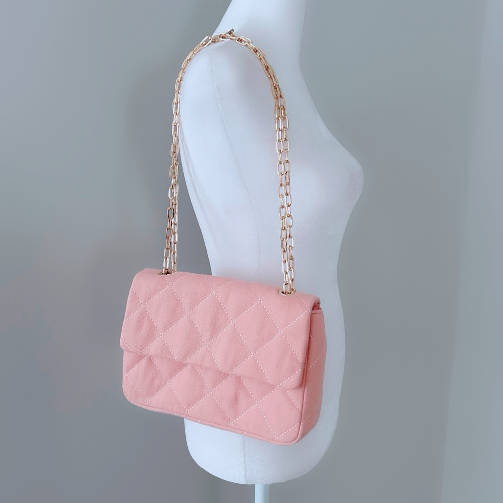 LOFT Quilted Chain Shoulder Bag – Blush Pink Fabric Purse with Gold Strap